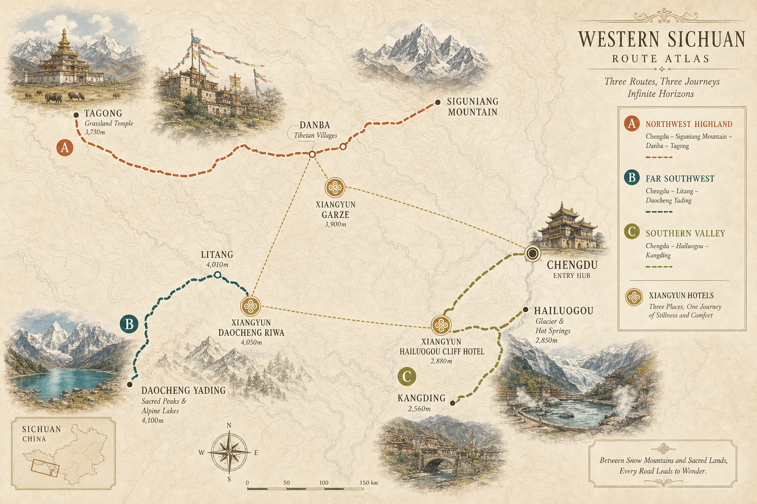 Western Sichuan route atlas showing Chengdu, Hailuogou, Kangding, Litang, Daocheng Yading, Danba, Tagong, Siguniang Mountain, and Xiangyun hotel nodes